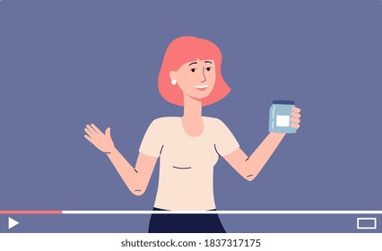 Video player screen with woman blogger holding jar and giving review on cosmetic beauty product, flat vector illustration isolated on white background.