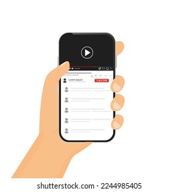 Video player smartphone social media screen template. Phone mockup, video player, app, user interface. Blogging. channel. Social network concept. Vector illustration