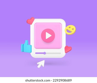 Video player social media network entertainment content live broadcasting 3d icon realistic vector illustration. Multimedia cyberspace communication web virtual like comment blog vlog subscribe