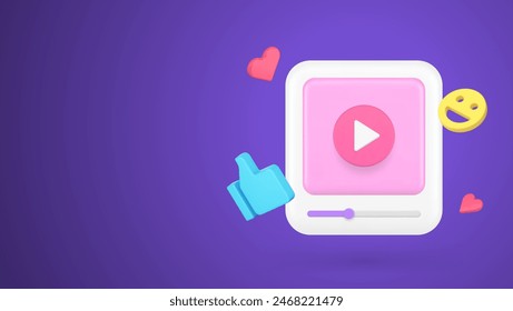 Video player social media network entertainment content live broadcasting 3d icon realistic vector illustration. Multimedia cyberspace communication web virtual like comment blog vlog subscribe