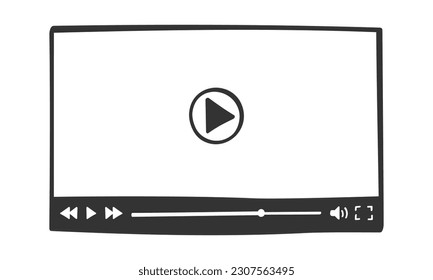 Plantilla de reproductor de vídeo en estilo doodle. Pantalla digital de películas dibujada a mano con botones y barra deslizante de carga. Diseño simple de la ventana de aplicaciones multimedia. Ilustración gráfica del vector