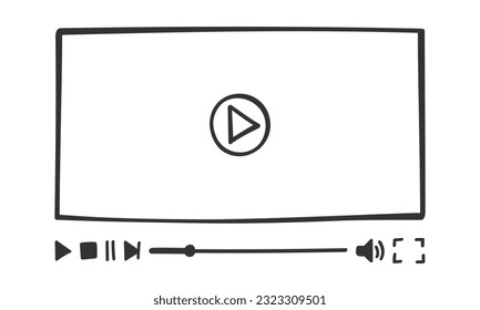 Video player template in doodle style. Hand drawn online movie monitor screen with buttons and loading slider bar. Multimedia app window in simple design. Vector graphic illustration