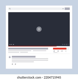 Interfaz de plantilla de reproductor de vídeo. Parodia por alojamiento de video, concepto de medios sociales. Canal de video web o aplicación móvil. Transmisión en vivo de escritorio