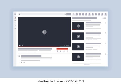 Video player template interface. Video hosting mockup, social media concept. Web video channel or mobile app. Desktop live stream