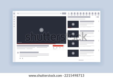 Video player template interface. Video hosting mockup, social media concept. Web video channel or mobile app. Desktop live stream