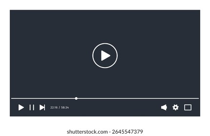 Video Player template interface. Social media device ui interface. Website screen mockup. Playback display with control buttons. Dark theme for web and app. Frame mockup