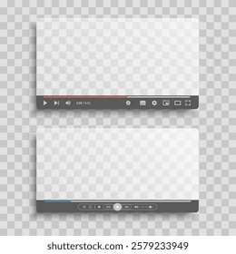 Video player template interface transparent screen. Blank mockup video player web UI design. Set of Stock vector