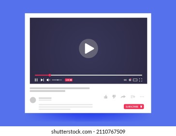 Video player template isolated on blue background. The concept of social networks and online broadcasts. Vector illustration.