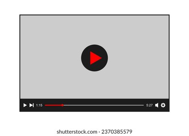 Video player template. Online movie digital screen with play button and loading slider bar. Multimedia app window simple design. Vector flat illustration.