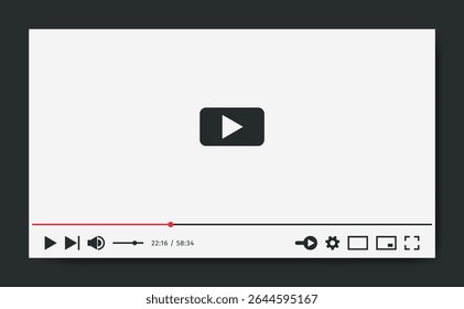 Video Player Template for web or mobile apps. White theme in flat style. Media display mockup. Screen for Social media Interface ui ux.