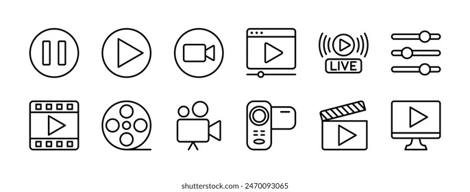 Video player thin line icon set. Containing play or start button, pause or stop, media, camera, live, cinema, multimedia, film, handycam, clapperboard, movie, streaming or online video. Vector