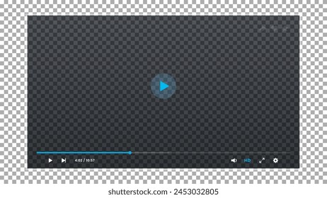 Video player transparent interface. Video screen app layout, web stream player vector UI or live audio control panel overlay. Online media streaming display transparent interface