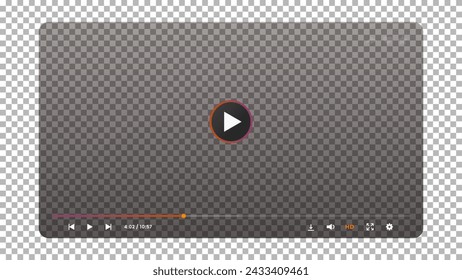 Interfaz de pantalla transparente del reproductor de vídeo. Moqueta del vector de la interfaz de usuario del reproductor multimedia digital de la ventana transparente negra con el botón del juego, barra de navegación, deslizadores e iconos del control de medios, aplicación multimedia
