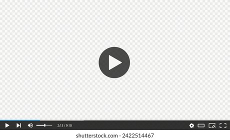 Pantalla transparente del reproductor de vídeo, plantilla de interfaz vectorial. Skin ui diseño con botón de reproducción, barra de menú y deslizador, sonido y señales de configuración. Contenido digital multimedia en línea y control de reproducción de películas