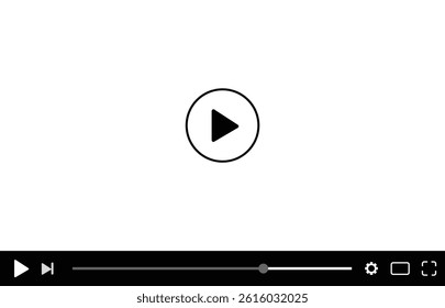 Video player UI mockup template with play button, navigation icons, and multimedia window. Modern flat design for web and mobile apps, isolated on transparent background. Vector illustration.