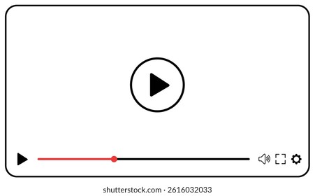 Video player UI mockup template with play button, navigation icons, and multimedia window. Modern flat design for web and mobile apps, isolated on transparent background. Vector illustration.
