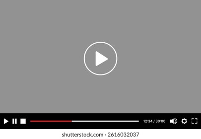 Video player UI mockup template with play button, navigation icons, and multimedia window. Modern flat design for web and mobile apps, isolated on transparent background. Vector illustration.
