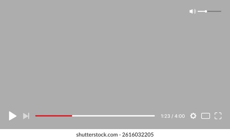 Video player UI mockup template with play button, navigation icons, and multimedia window. Modern flat design for web and mobile apps, isolated on transparent background. Vector illustration.