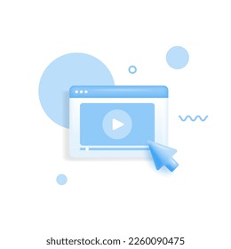 Video player, ui play button with cursor. Video, streaming, interface multimedia concept. 3d vector icon. Web page Cartoon minimal render. Realistic 3d screen live stream. Video frame icon.