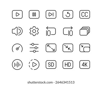 Video Player UI Vector Icon Set | Adjustable Line Weight | Play, pause, rewind, fast forward, subtitles, volume, HD, 4K, fullscreen, settings, streaming, multimedia, playback control icons