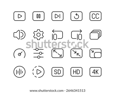 Video Player UI Vector Icon Set | Adjustable Line Weight | Play, pause, rewind, fast forward, subtitles, volume, HD, 4K, fullscreen, settings, streaming, multimedia, playback control icons