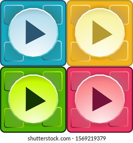 Video player vector icon on blue, yellow, red and green background. 3D style for graphic design, Web, mobile app and Windows OS.