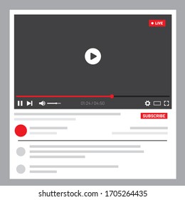 Video player web interface. UI design for social media. Mockup live stream window