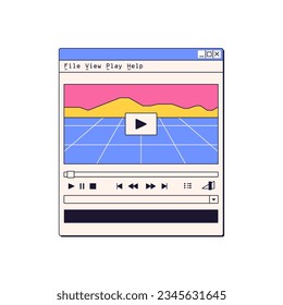 Video player, window interface with buttons in retro 90s style. Digital media playing software, vaporwave UI. Old movie watching program. Flat graphic vector illustration isolated on white background