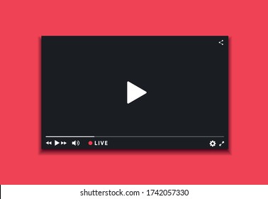 Video player window live streaming. Video player dark interface. Player design with button live stream.