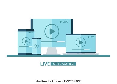 Video player window live streaming. Desktop computer, laptop, tablet and smartphone with play button on screen. Vector illustration for online broadcast, streaming service. 