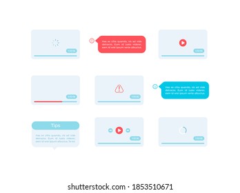 Video playing UI elements kit. Film player. Screen information isolated vector icon, bar and dashboard template. Web design widget collection for mobile application with light theme interface