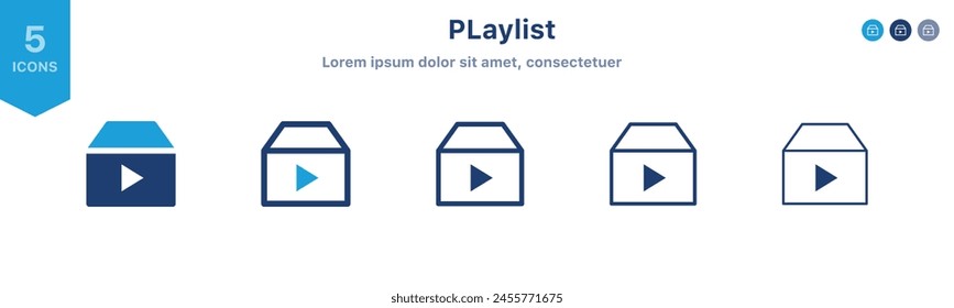 Video playlist icon, add to queue icon sign - library, watch, later, save, videos icons - video file list icon	
