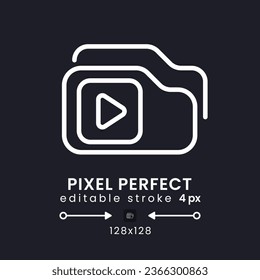 Video playlist white linear desktop icon on black. Streaming service. Pre-recorded content. Pixel perfect 128x128, outline 4px. Isolated user interface symbol for dark theme. Editable stroke