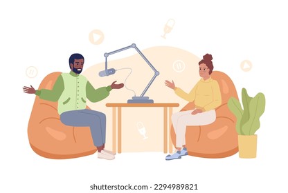 Video podcast 2D vector ilustración aislada de spot. Soportes en vivo hablando sobre sillas de saco de habas personajes planos sobre el fondo de la caricatura. Colorida escena editable para móvil, sitio web, revista