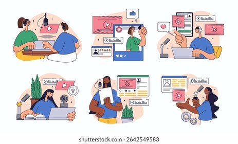 Conjunto de conceito de vídeo e podcast para web design. Coleção com pessoas transmitindo online, gravando palestras no microfone no estúdio, streaming ao vivo, mais. Ilustração de vetor plano isolada em fundo branco.