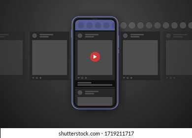 Video Post Carousel Dark Theme. Cellphone Screens Carousel In Black Mode. Social Network Interface