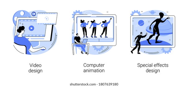 Video post production abstract concept vector illustration set. Video design, computer animation, special effects design, editing software, cartoon character, computer game art abstract metaphor.