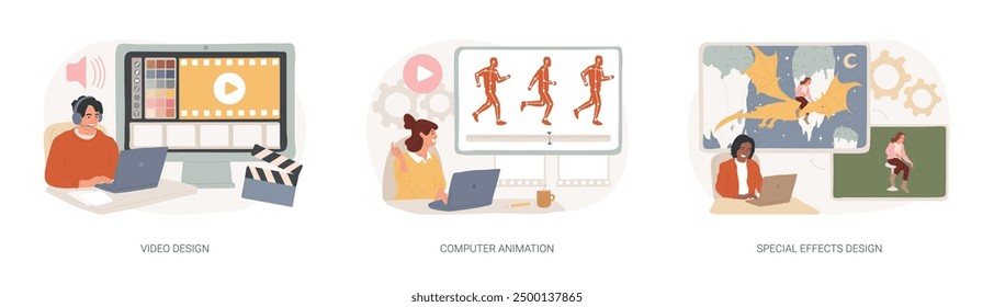 Video post production isolated concept vector illustration set. Video design, computer animation, special effects design, editing software, cartoon character, computer game art vector concept.