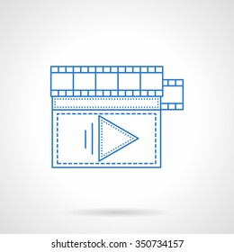 Video processing, storyboard. Professional production film, mounting filmstrip. V-blog, social media. Blue flat line vector icon. Single web design element for mobile app or website.