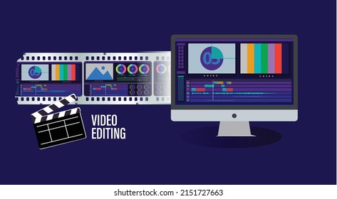 video production abstract. film making vector illustration with film strip, video editing monitor, clapboard etc