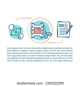 Video production article page vector template. Film editing, directing. Brochure, magazine, booklet design element with linear icons and text boxes. Print design. Concept illustrations with text space
