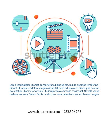 Video production article page vector template. Film making process. Brochure, magazine, booklet design element with linear icons and text boxes. Print design. Concept illustrations with text space