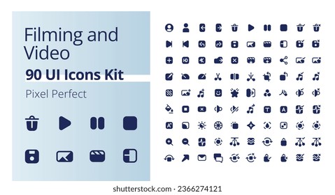 Video production black pixel perfect solid ui icons pack. Filmmaking software. Footage settings. Silhouette symbols on white space. Glyph pictograms set for web, mobile. Isolated vector images
