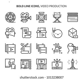 Video production, bold line icons. The illustrations are a vector, editable stroke, 48x48 pixel perfect files. Crafted with precision and eye for quality.