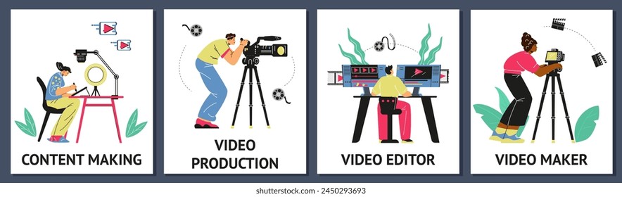 Video production cartoon posters set. Making video content, video editor and maker. Social media, live broadcasting vector design templates. Multimedia and film industry