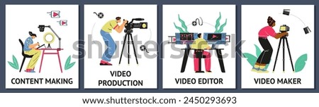Video production cartoon posters set. Making video content, video editor and maker. Social media, live broadcasting vector design templates. Multimedia and film industry