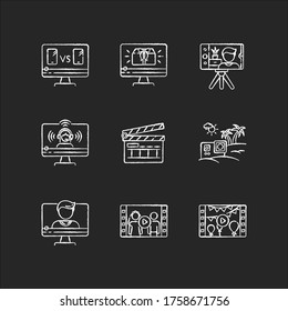 Video production chalk white icons set on black background. Internet blogging. Personal event videography. Film making industry. Web streaming. Isolated vector chalkboard illustrations