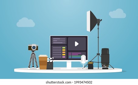 video production concept with camera and tools product with modern flat style