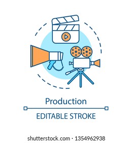 Video production concept icon. Film making idea thin line illustration. Cinematography. Movie production industry. Cinema, tv show shooting. Filming. Vector isolated outline drawing. Editable stroke