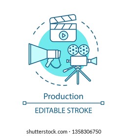 Video production concept icon. Film making idea thin line illustration. Cinematography. Movie production industry. Cinema, tv show shooting. Filming. Vector isolated outline drawing. Editable stroke